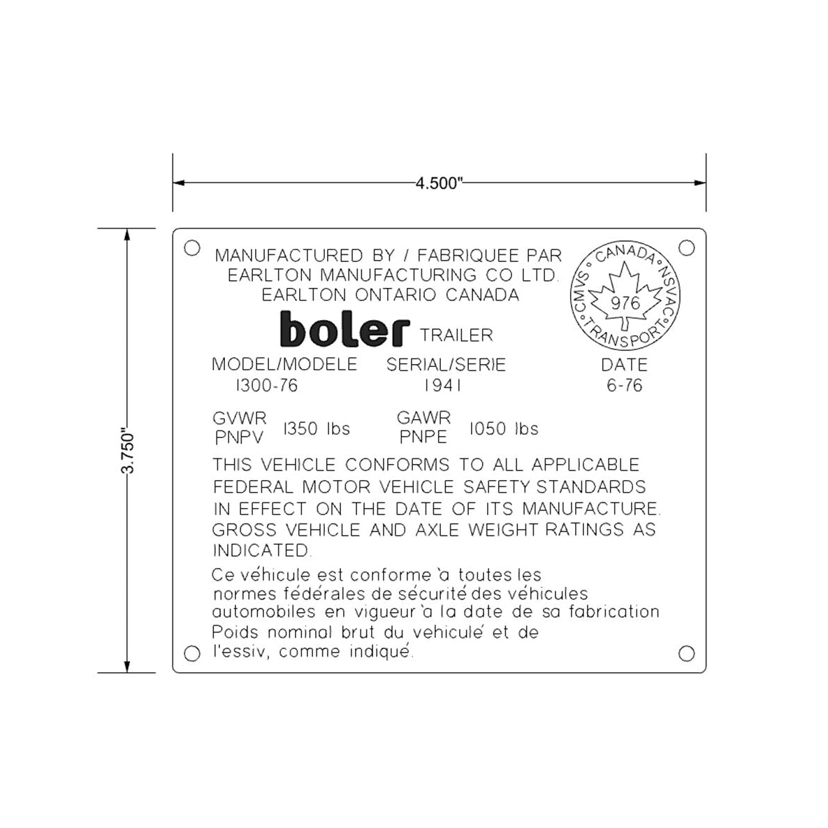 Boler Custom Engraved ID Plate English/French