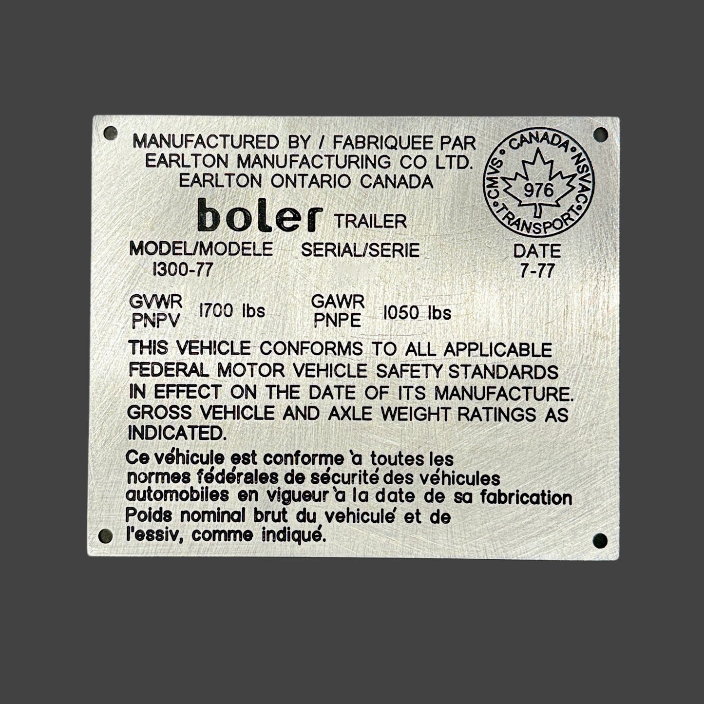 Boler Custom Engraved ID Plate English/French